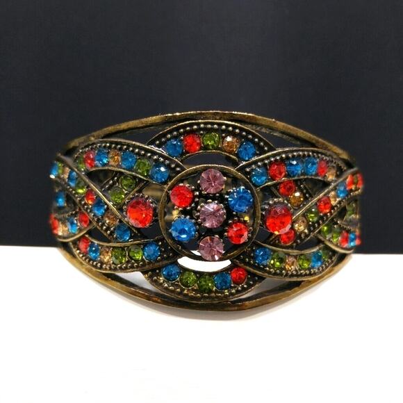 Vintage Rhinestone Antique Gold Tone Hinged Bracelet, 6 3/4 Inches - Picture 1 of 9